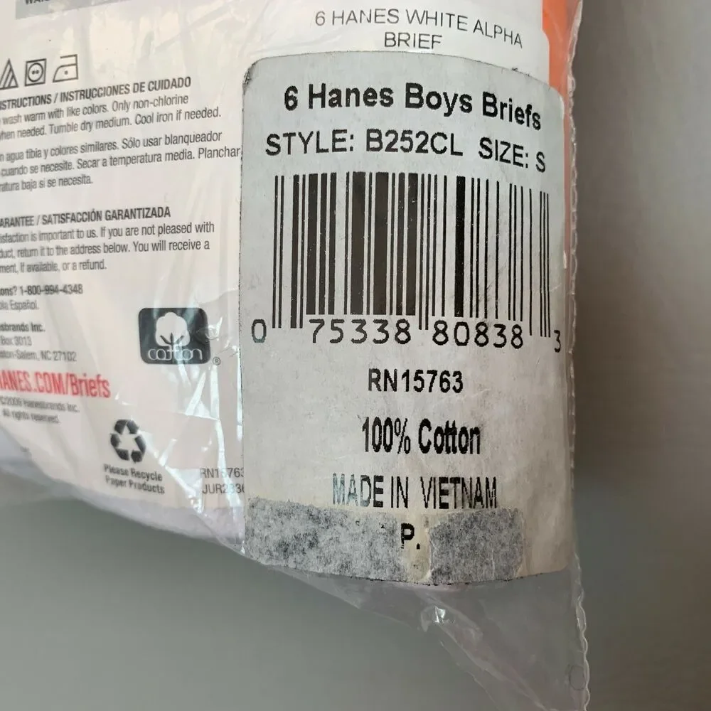 Hanes Classics Boys Briefs B252C‎ Small 6 White 100% Cotton Lot of 6